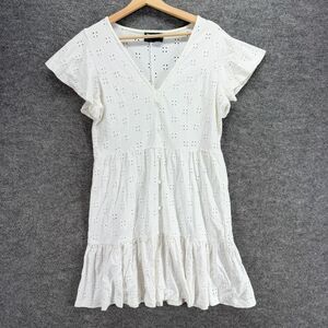 Asos Dress Women 10 White Floral Embroidered Shift Short V-Neck Short Sleeve